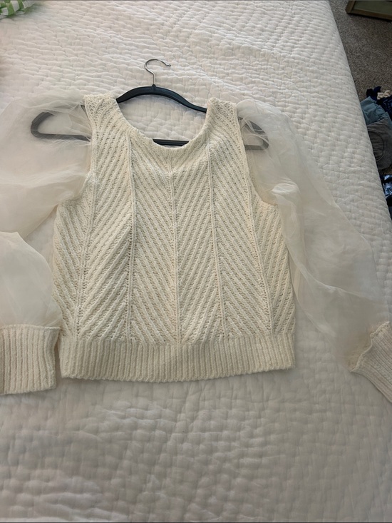 Maeve Sweaters - Maeve Cream Knit Sweater with Sheer Puff Sleeves